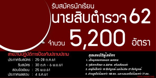 สำนักงานตำรวจแห่งชาติ รับสมัครนักเรียนนายสิบตำรวจ 62  จำนวน 5,200 อัตรา สายงานปฏิบัติการป้องกันและปราบปราม  (วุฒิ ม.6 / ปวช. หรือเทียบเท่า)